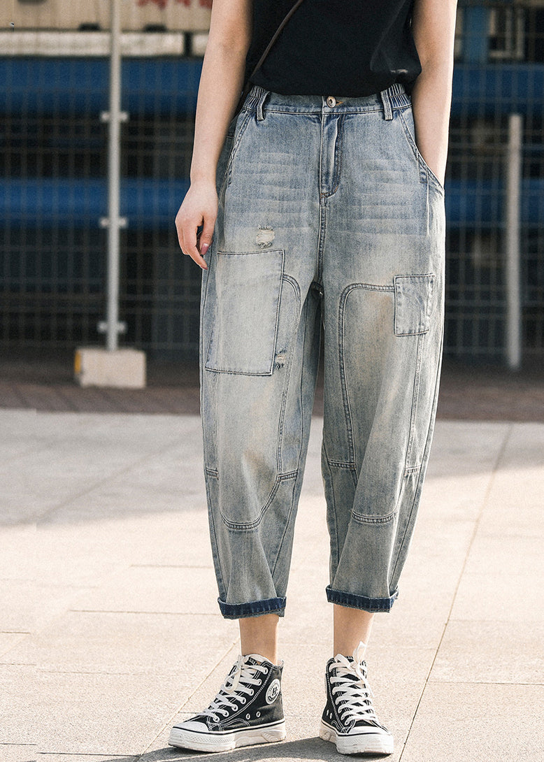 Blaue zerrissene Jeanshose Oversize Patchwork Sommer Applikation Chic