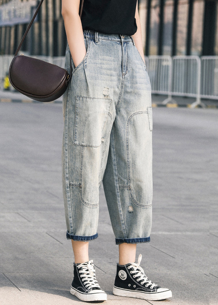 Blaue zerrissene Jeanshose Oversize Patchwork Sommer Applikation Chic