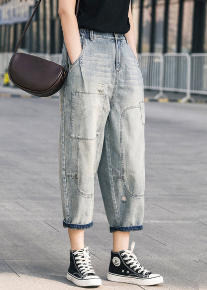 Blaue zerrissene Jeanshose Oversize Patchwork Sommer Applikation Chic