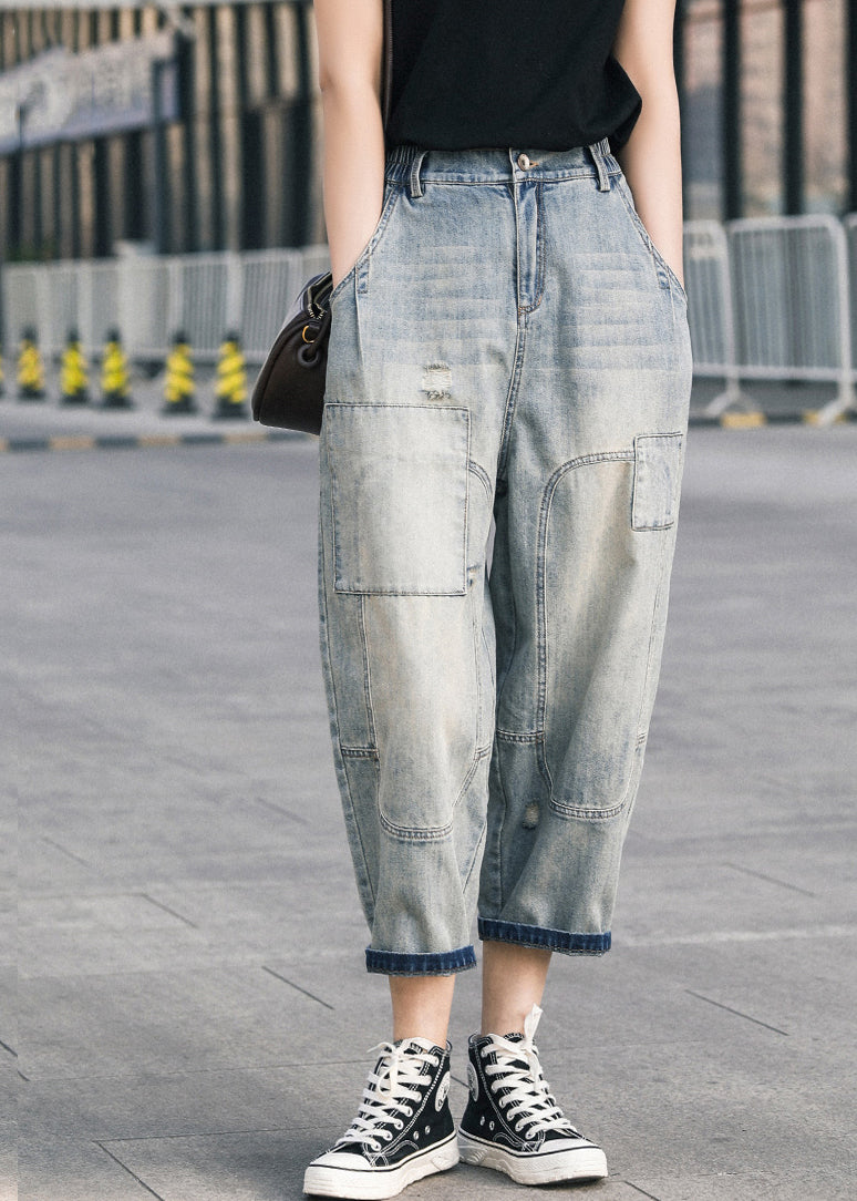 Blaue zerrissene Jeanshose Oversize Patchwork Sommer Applikation Chic