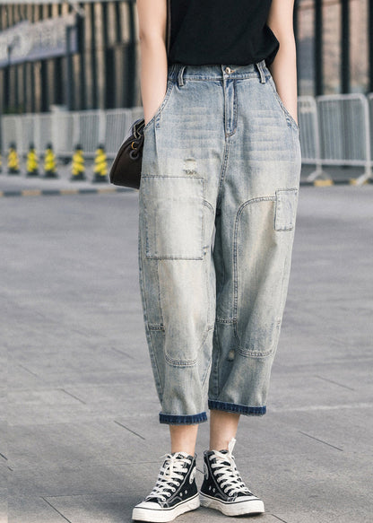 Blaue zerrissene Jeanshose Oversize Patchwork Sommer Applikation Chic