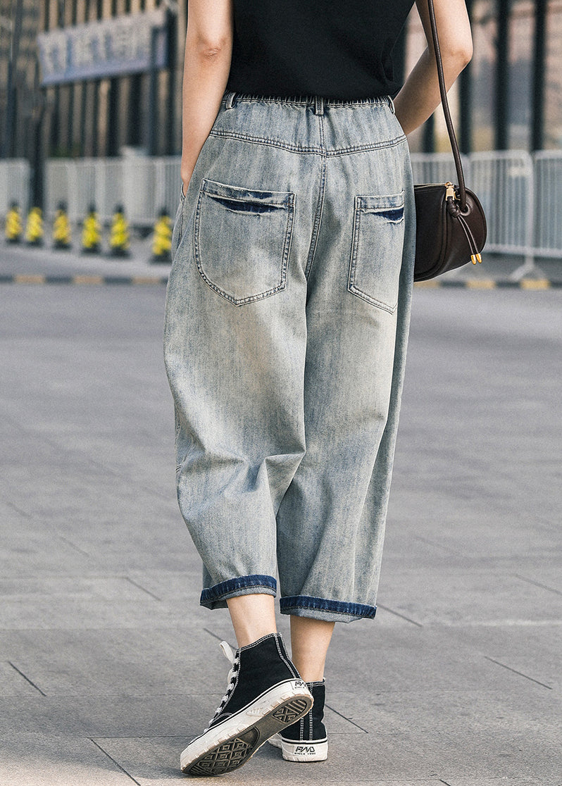 Blaue zerrissene Jeanshose Oversize Patchwork Sommer Applikation Chic