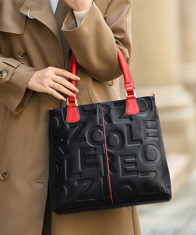 Letter Tote Leder Edle Kalbsleder Schwarze Tasche Geprägt