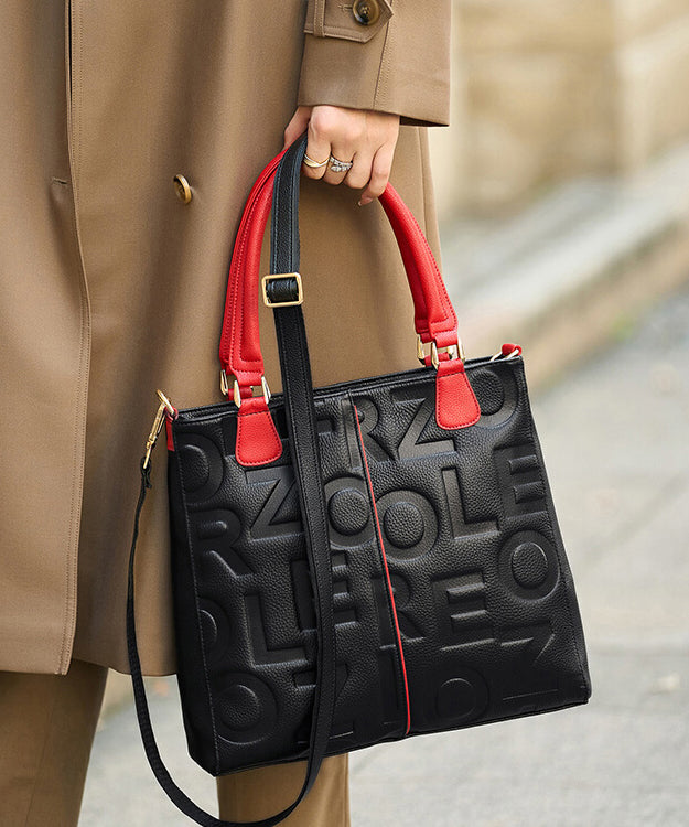 Letter Tote Leder Edle Kalbsleder Schwarze Tasche Geprägt