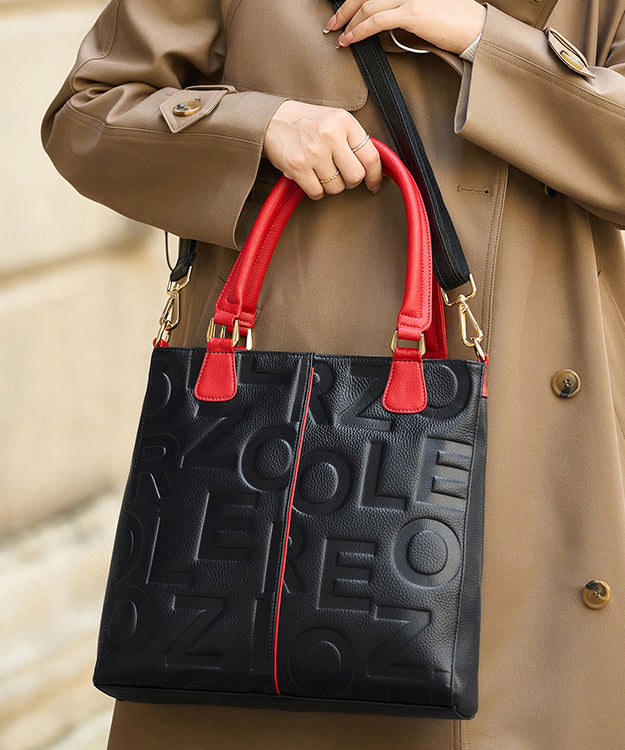 Letter Tote Leder Edle Kalbsleder Schwarze Tasche Geprägt