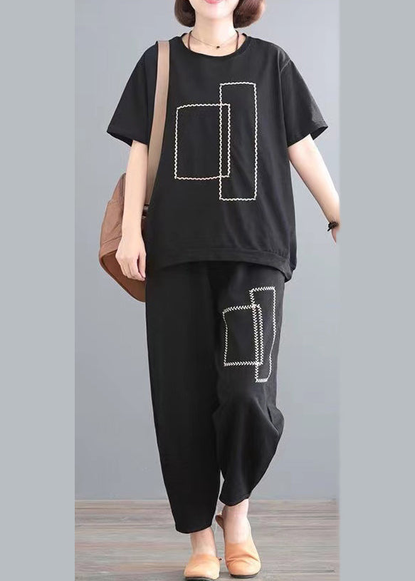 Baumwolle Übergroße Schwarze Outfits Stück Set Classy Two Summer