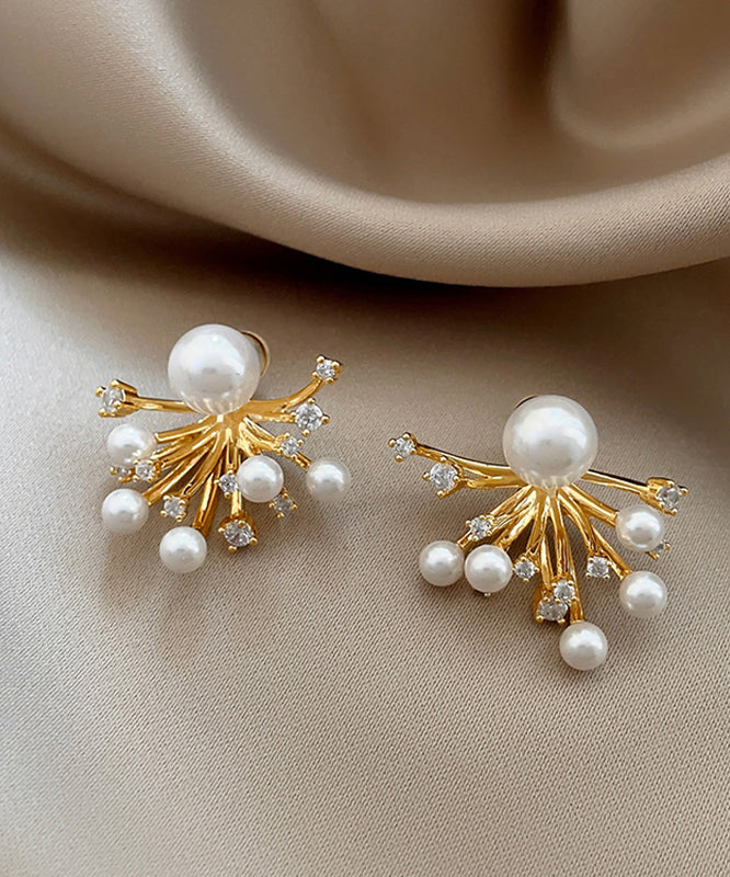 銅製スタッドイヤリング ゴールドオーバーゴールドの花火 上品なジルコンパール