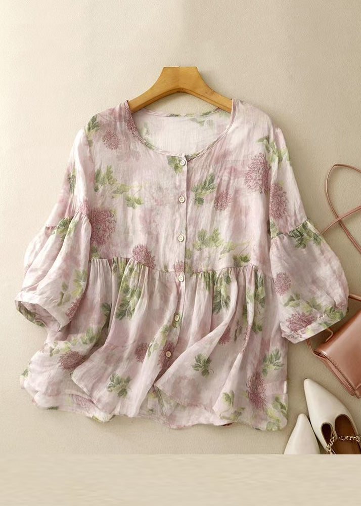Knopf Edle Bluse Ärmel Rosa Baumwolle Armband O Hals Druck