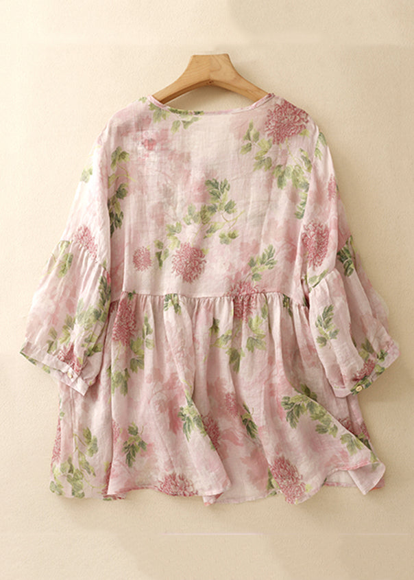 ボタン付きクラシックブラウス 袖付きピンクコットンブレスレット Oネックプリント