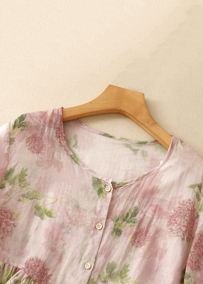 ボタン付きクラシックブラウス 袖付きピンクコットンブレスレット Oネックプリント