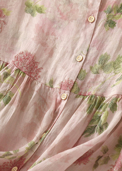 ボタン付きクラシックブラウス 袖付きピンクコットンブレスレット Oネックプリント