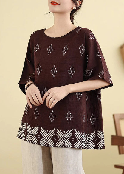 Casual Sleeve Short Brown Print Shirt T Dark
