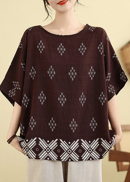 Casual Sleeve Short Brown Print Shirt T Dark