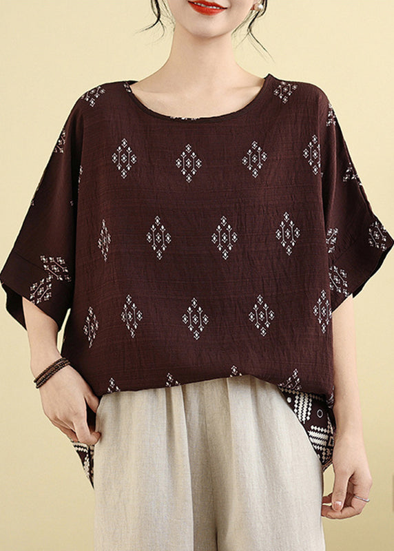 Casual Sleeve Short Brown Print Shirt T Dark