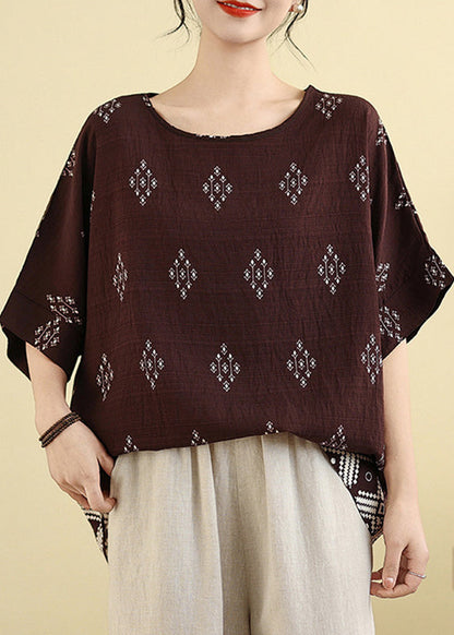 Casual Sleeve Short Brown Print Shirt T Dark
