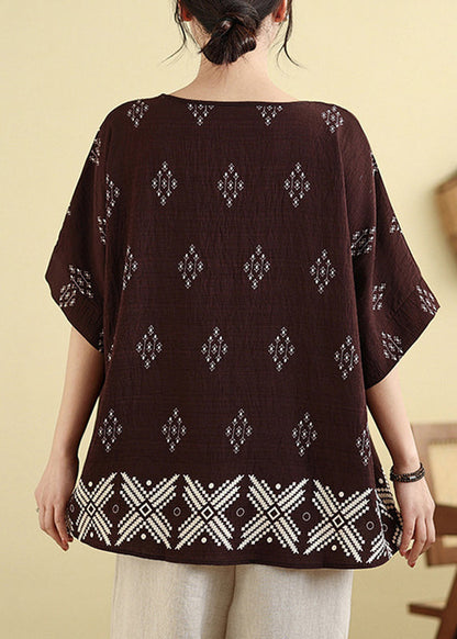Casual Sleeve Short Brown Print Shirt T Dark
