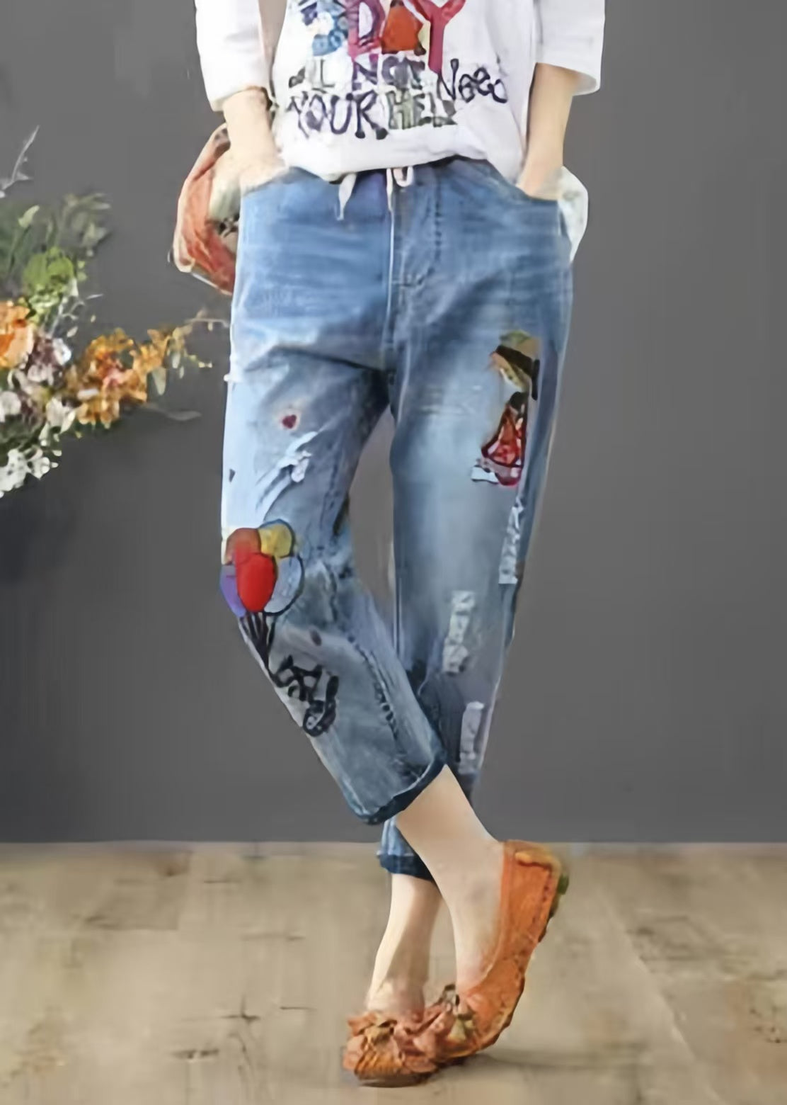Elastic Denim Blue Summer Waist Embroidered Pants