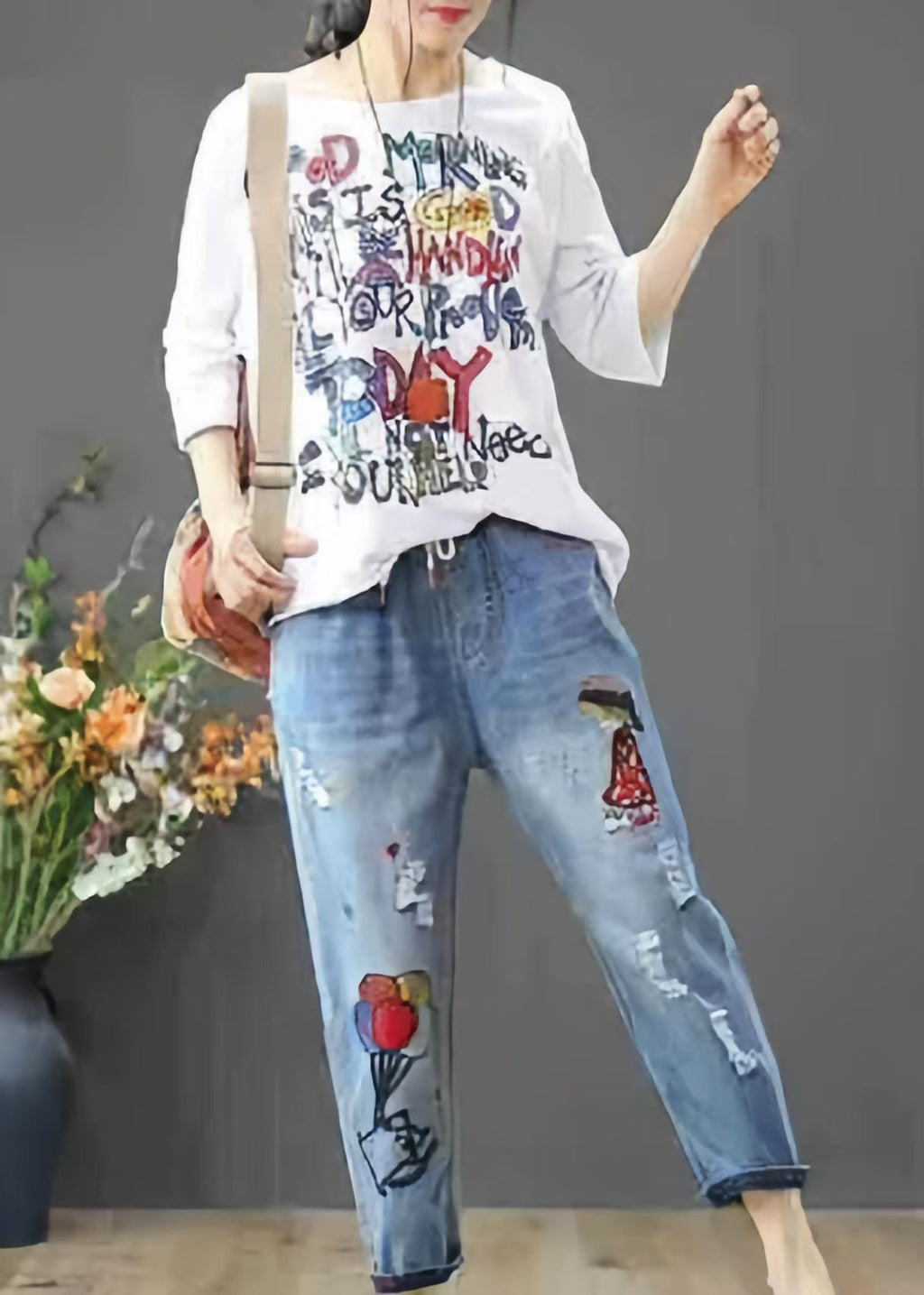 Elastic Denim Blue Summer Waist Embroidered Pants