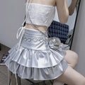 Tiered Skirt Leather PU Silver High Waist