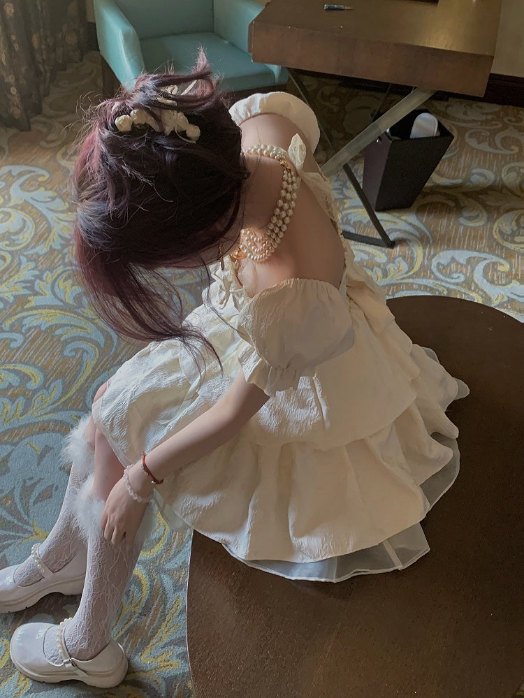 Sleeves Lace-Up Beige Soft Puff and Short Basque with Dress Waist