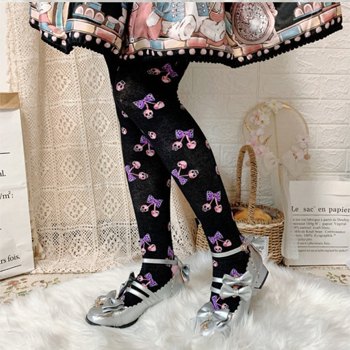 Black Skeleton Cherry Lolita  Overknee Stockings