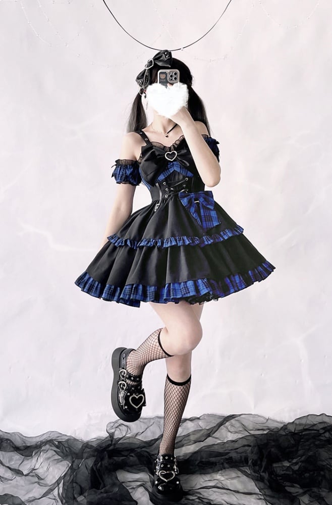 Plaid Blue Idol Lolita Fashion Puff Sleeves