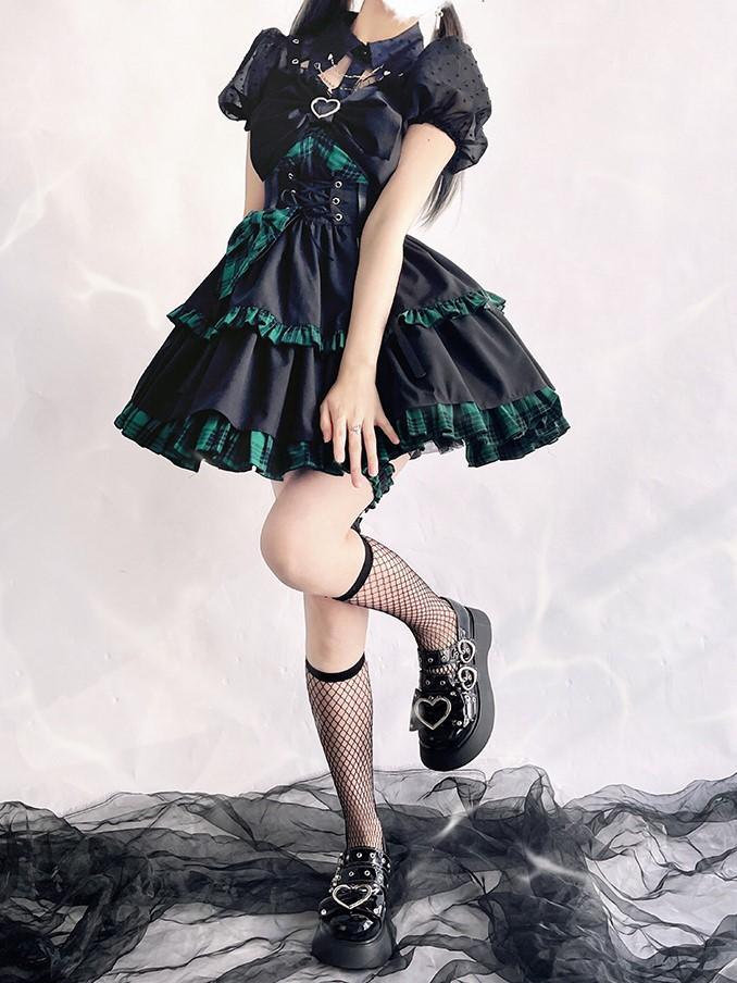 Punk Idol Lolita Dress Black and Plaid Blue Jumper Skirt