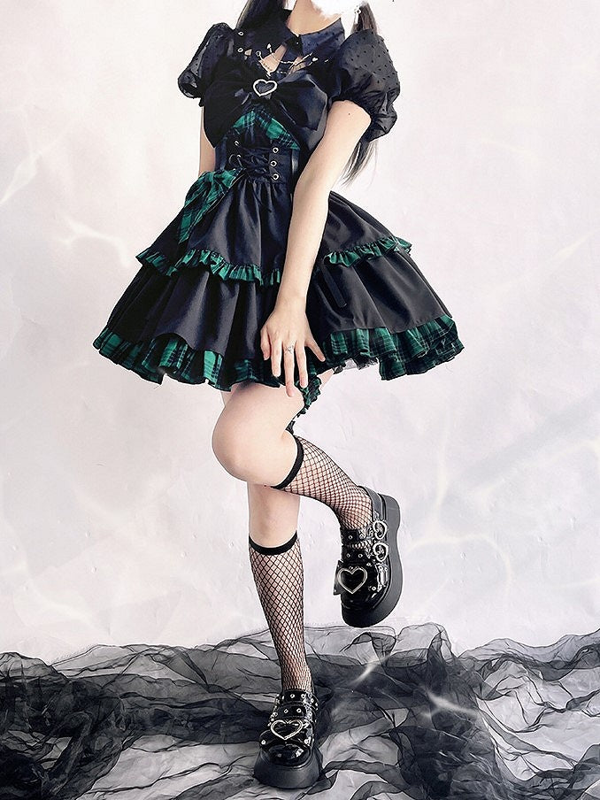 Plaid Lolita Punk and Skirt Black Jumper Blue Idol Dress