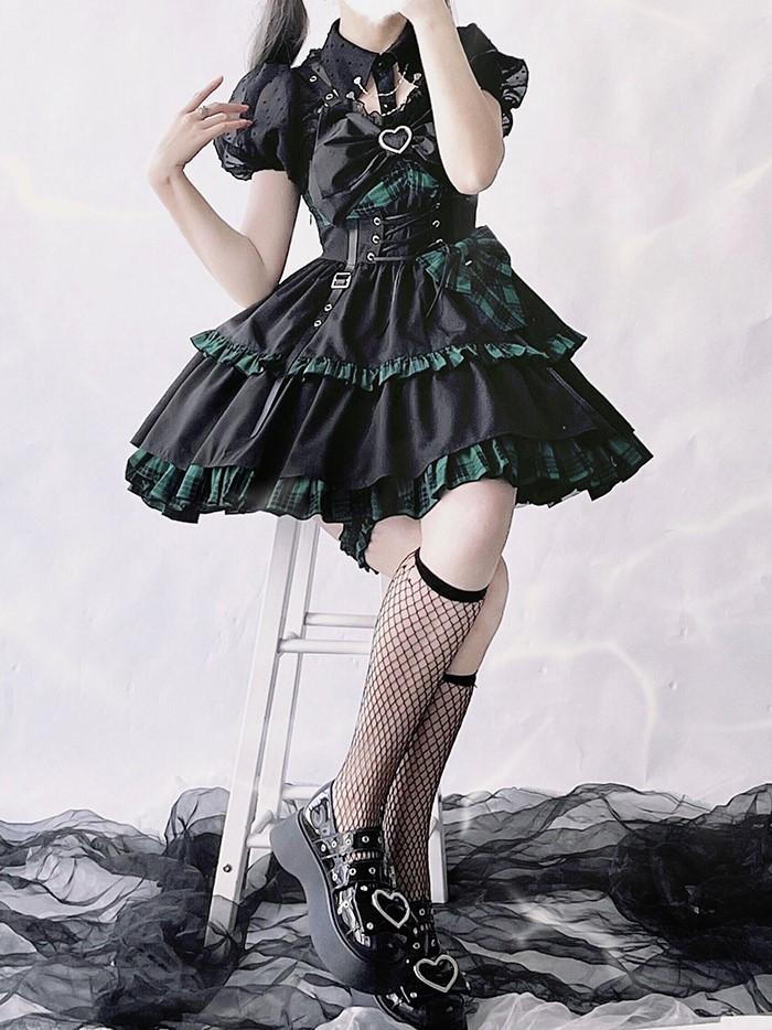 Punk Idol Lolita Dress Black and Plaid Blue Jumper Skirt
