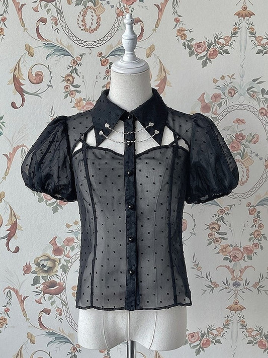 Short Collar Lolita Sheer Fold-over Shirt Sleeves Puff Black
