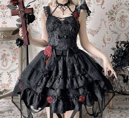 Waist 59-76CM Clearance-Size Lolita Bleeding Black S Rose for Skirt Gothic