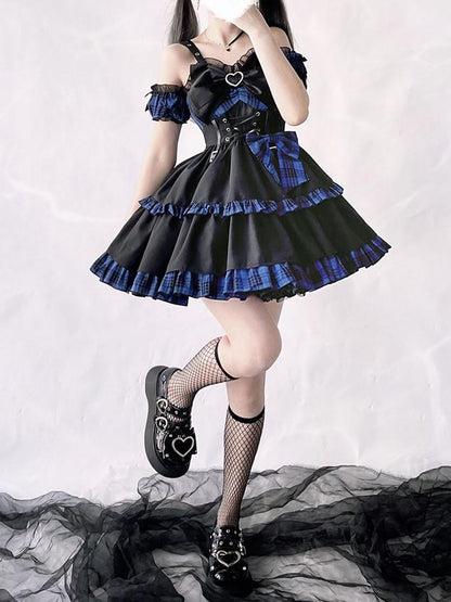 Punk Idol Lolita Dress Black and Plaid Blue Jumper Skirt