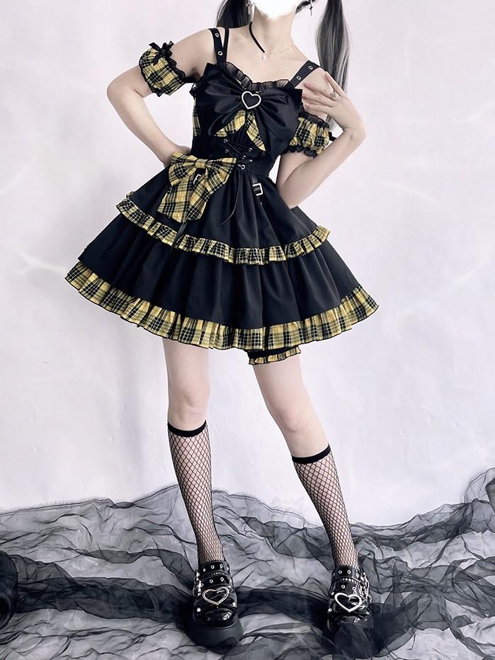 Punk Idol Lolita Dress Black and Plaid Blue Jumper Skirt