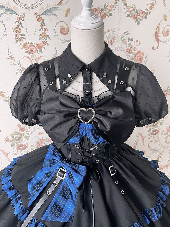 Short Collar Lolita Sheer Fold-over Shirt Sleeves Puff Black