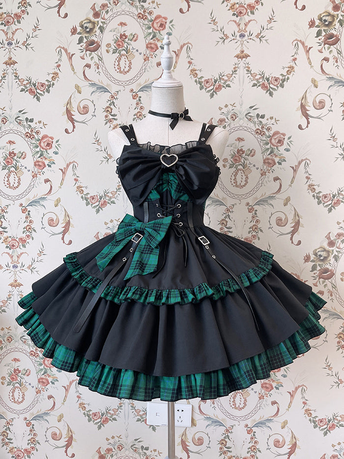 Punk Idol Lolita Dress Black and Plaid Blue Jumper Skirt