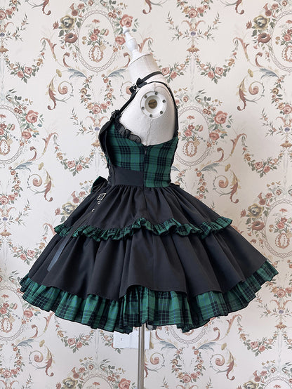 Punk Idol Lolita Dress Black and Plaid Blue Jumper Skirt