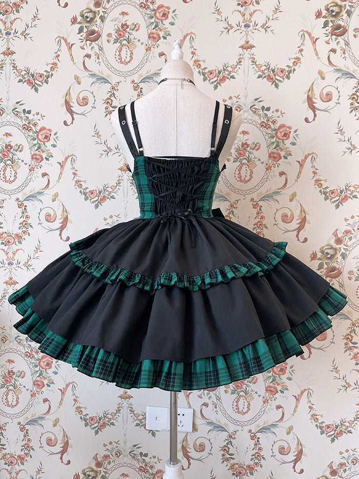 Punk Idol Lolita Dress Black and Plaid Blue Jumper Skirt