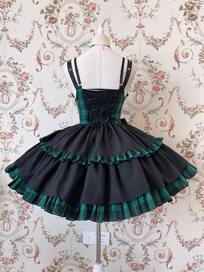 Punk Idol Lolita Dress Black and Plaid Blue Jumper Skirt