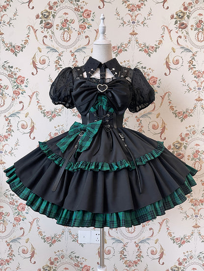 Punk Idol Lolita Dress Black and Plaid Blue Jumper Skirt