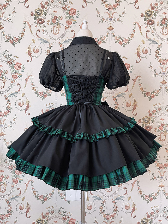 Punk Idol Lolita Dress Black and Plaid Blue Jumper Skirt