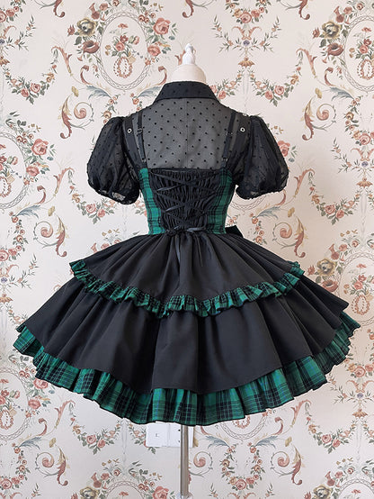 Punk Idol Lolita Dress Black and Plaid Blue Jumper Skirt