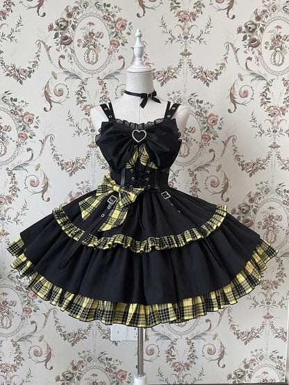 Punk Idol Lolita Dress Black and Plaid Blue Jumper Skirt