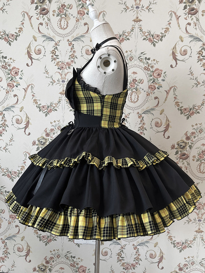 Punk Idol Lolita Dress Black and Plaid Blue Jumper Skirt