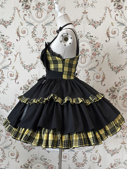 Punk Idol Lolita Dress Black and Plaid Blue Jumper Skirt