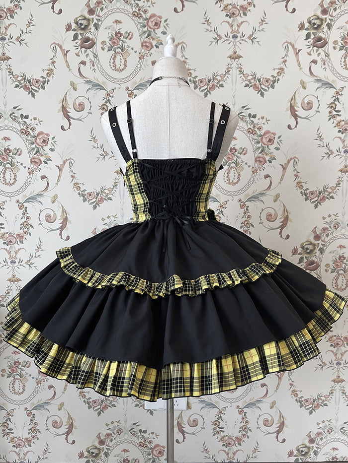 Punk Idol Lolita Dress Black and Plaid Blue Jumper Skirt