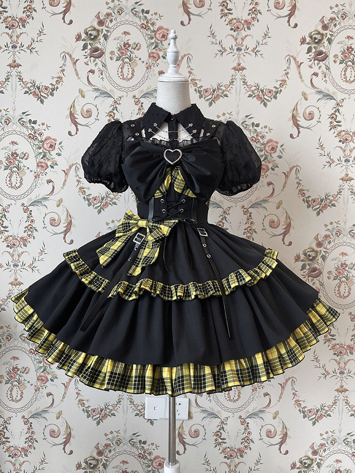 Punk Idol Lolita Dress Black and Plaid Blue Jumper Skirt