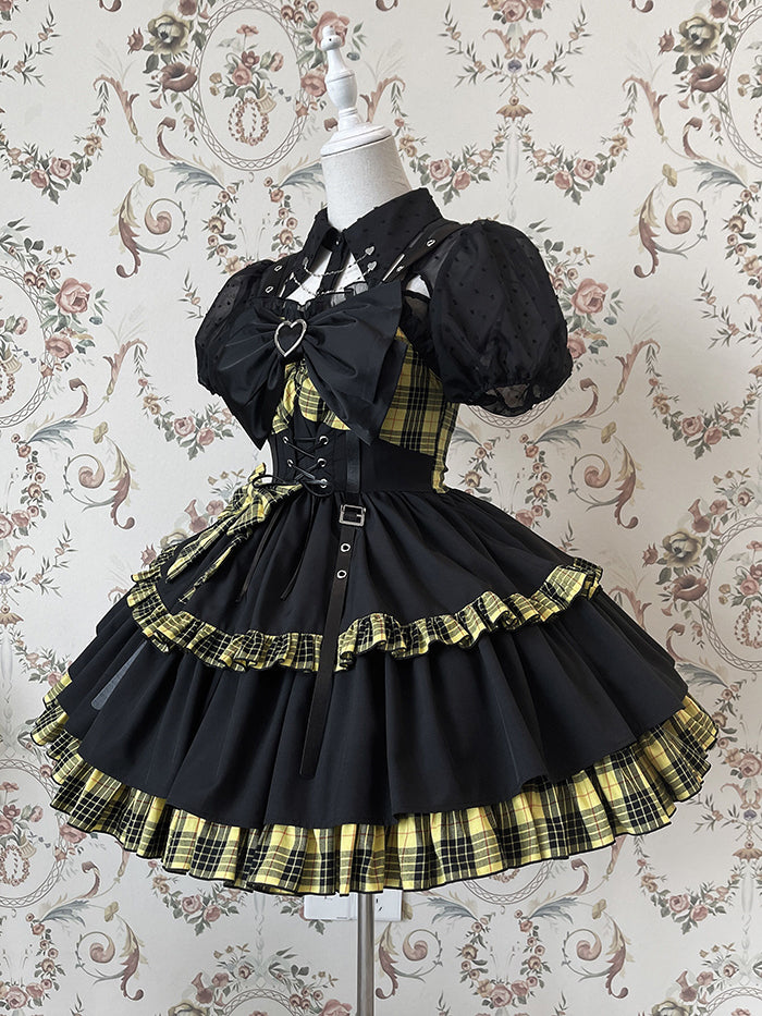 Punk Idol Lolita Dress Black and Plaid Blue Jumper Skirt
