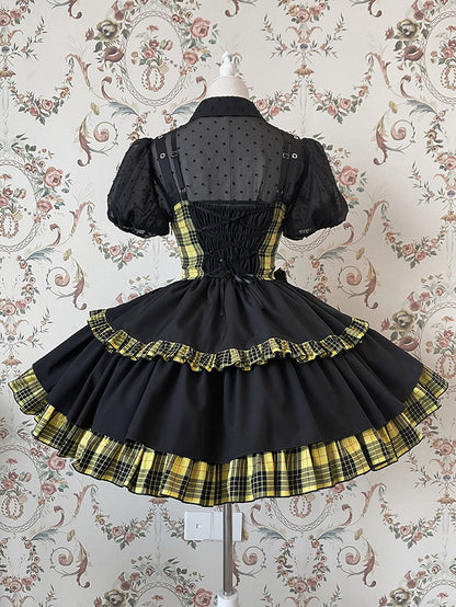 Punk Idol Lolita Dress Black and Plaid Blue Jumper Skirt