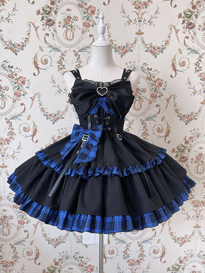 Punk Idol Lolita Dress Black and Plaid Blue Jumper Skirt