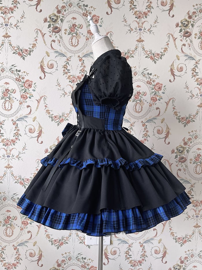 Punk Idol Lolita Dress Black and Plaid Blue Jumper Skirt